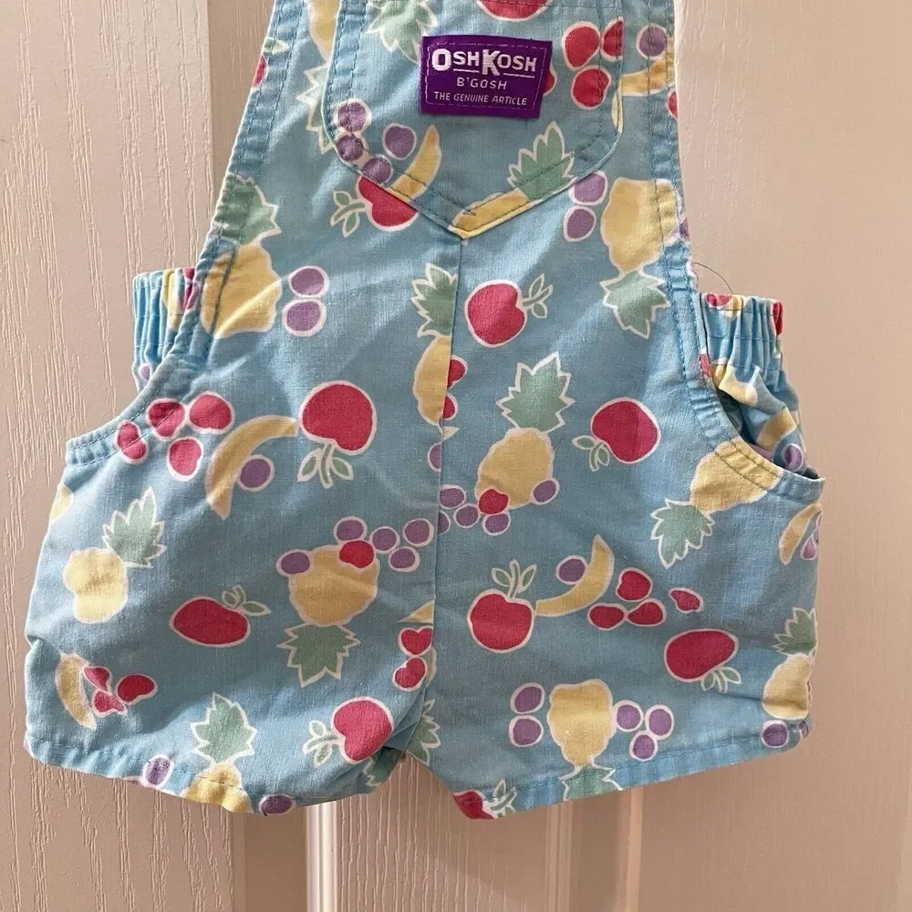 Vintage Oshkosh B'gosh Blue Fruit Shortalls Romper USA Girls Size 18 Months